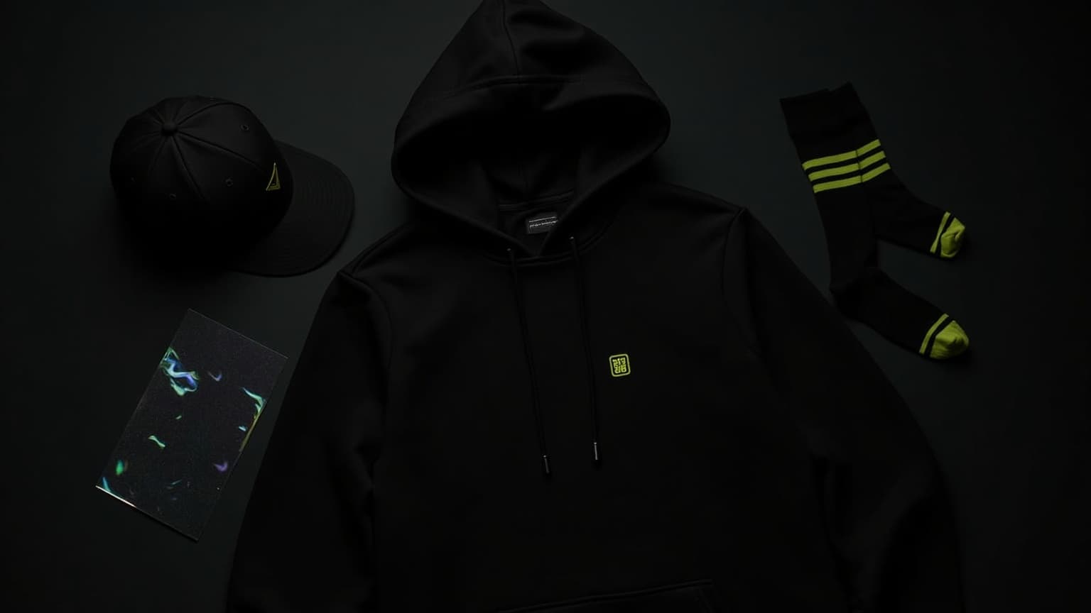 Blokhaus Q3 drop flat-lay: hoodie, cap, socks, stickers, and lanyard on matte black