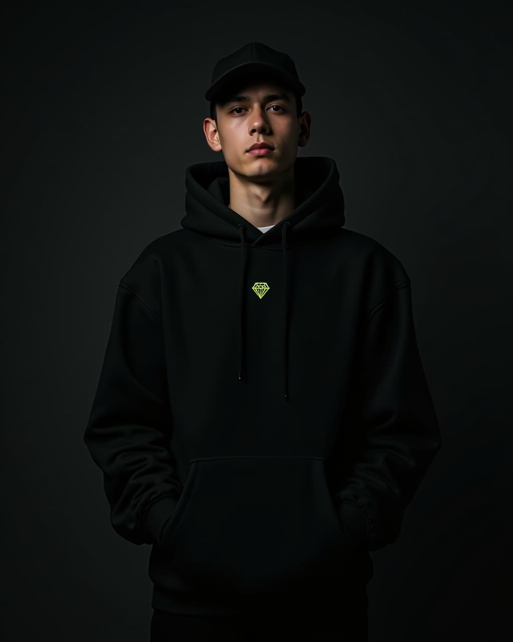 Studio portrait of a teammate wearing a black Blokhaus hoodie with a lime chest logo
