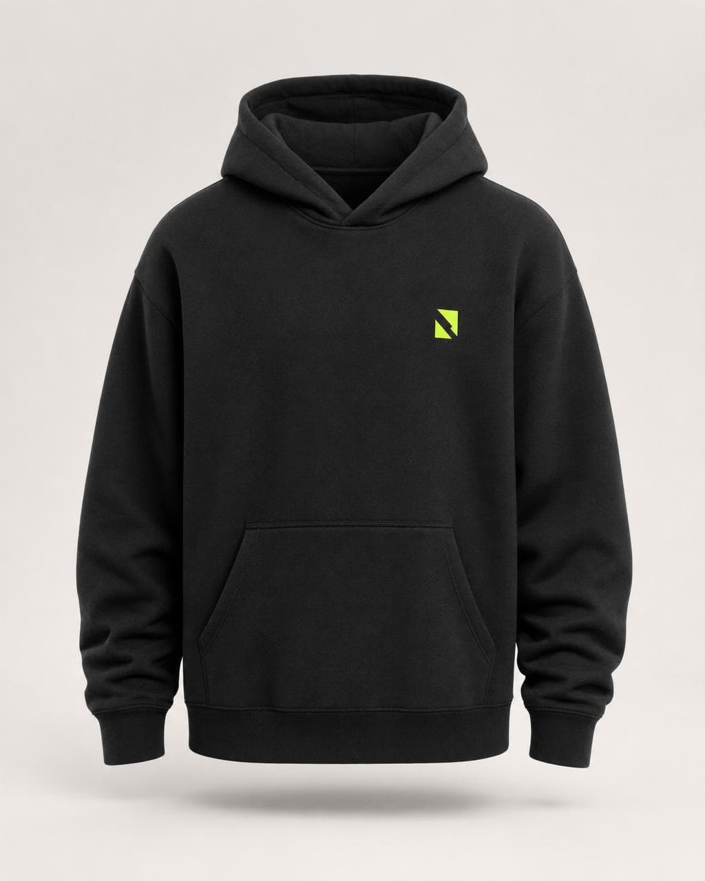 Black Blokhaus heavyweight hoodie with embroidered chest mark, shot on white