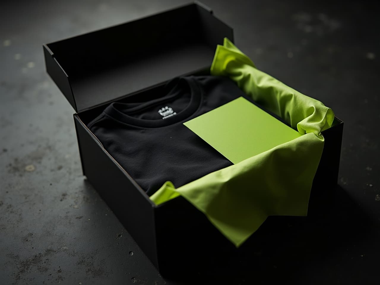 Opened matte black Blokhaus box with lime tissue paper and a folded tee