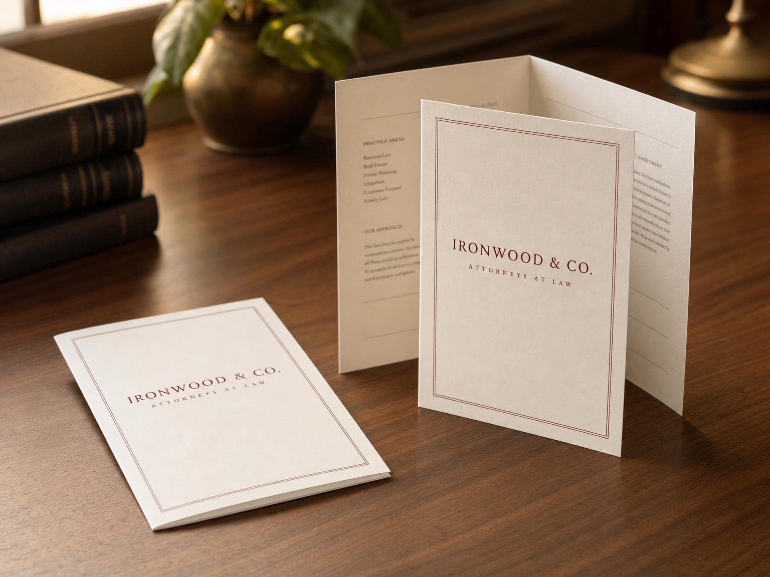 A folded practice brochure printed on heavy paper, resting on a leather chair