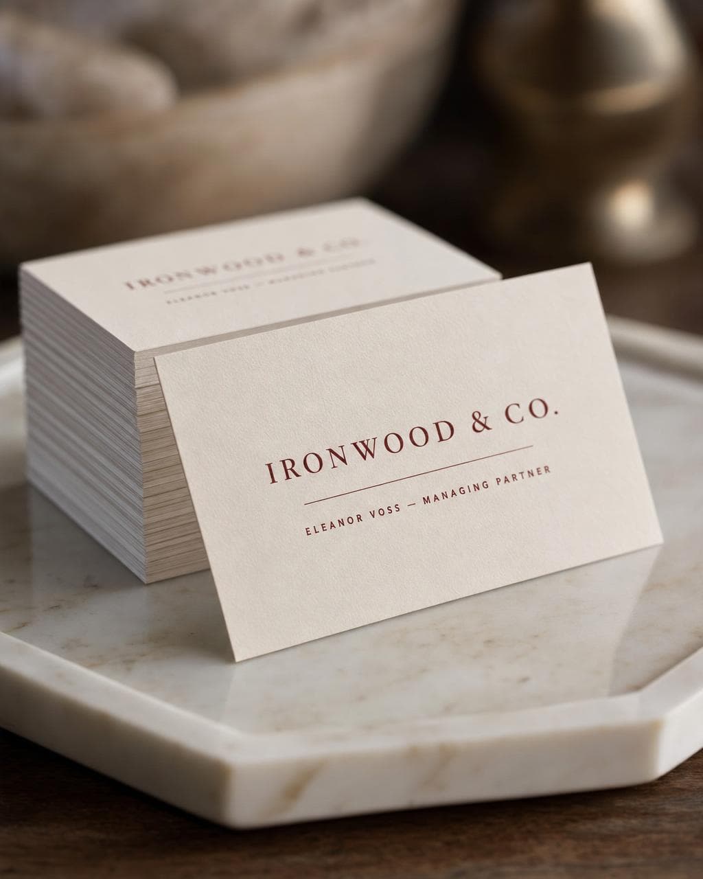 A box of printed business cards on cream cotton stock