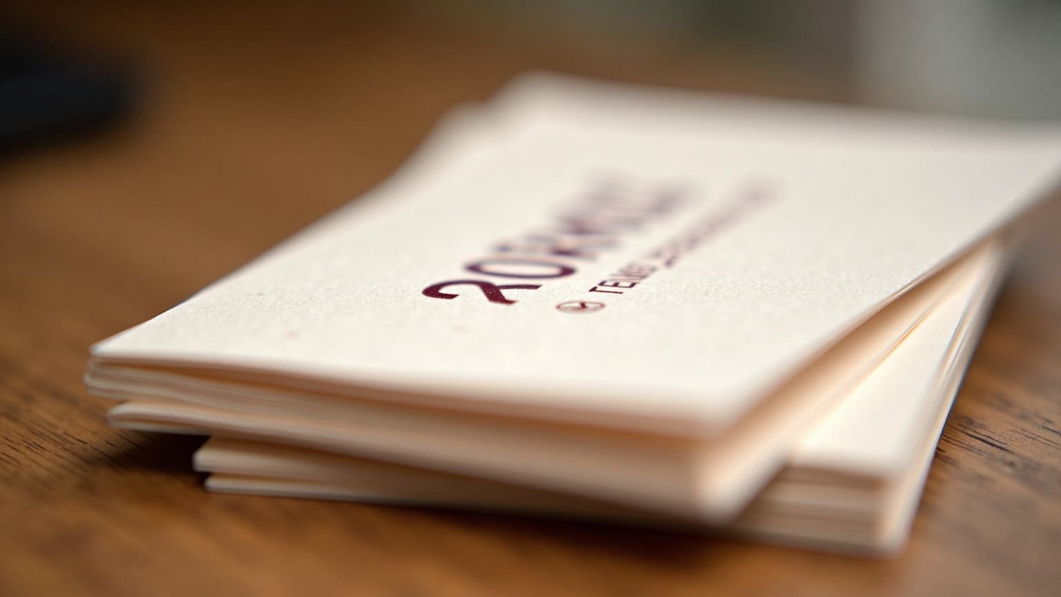 Printed business cards in deep red ink on cream cotton paper, fanned across an oak desk