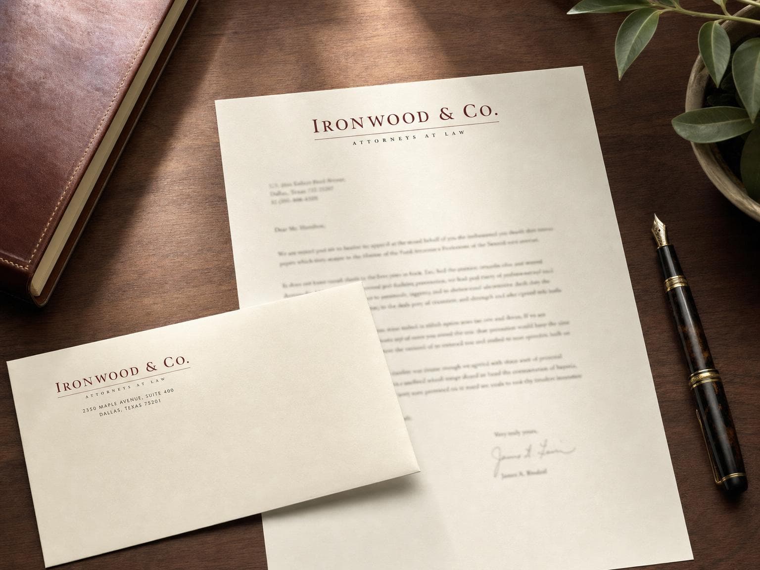 Printed letterhead and matching envelope laid out on a walnut desk