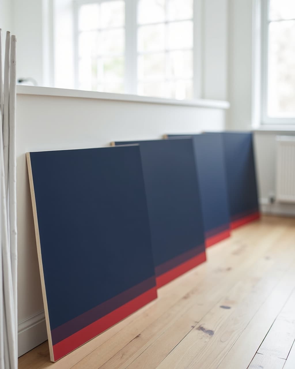 A stack of navy Meridian Realty sign panels in a bright brokerage office