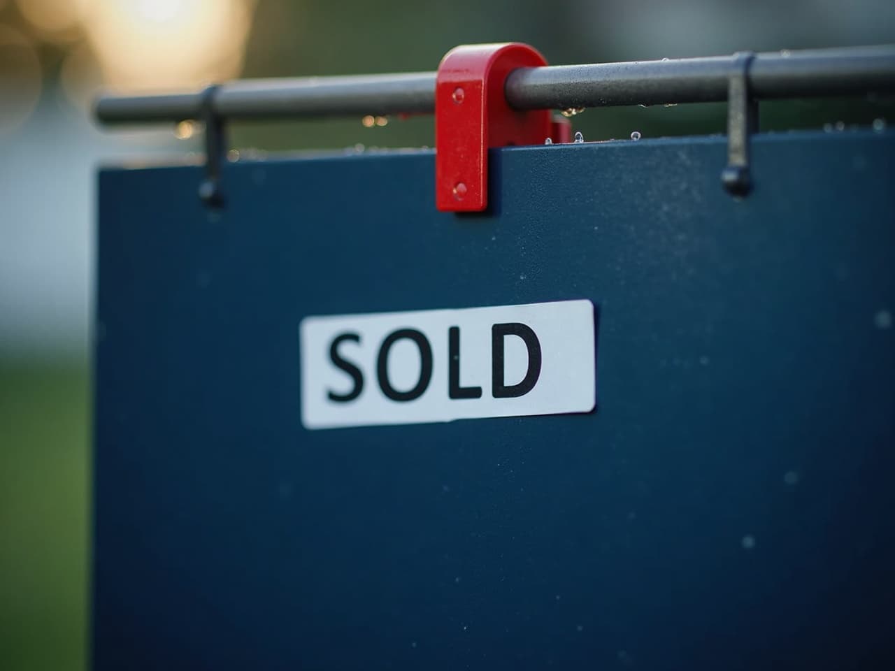 Macro detail of a navy Meridian Realty sign panel with a red SOLD rider