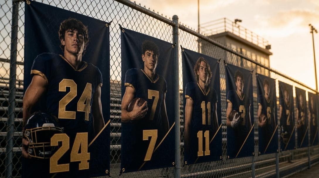 A row of navy and gold player banners strung along a stadium chain-link fence
