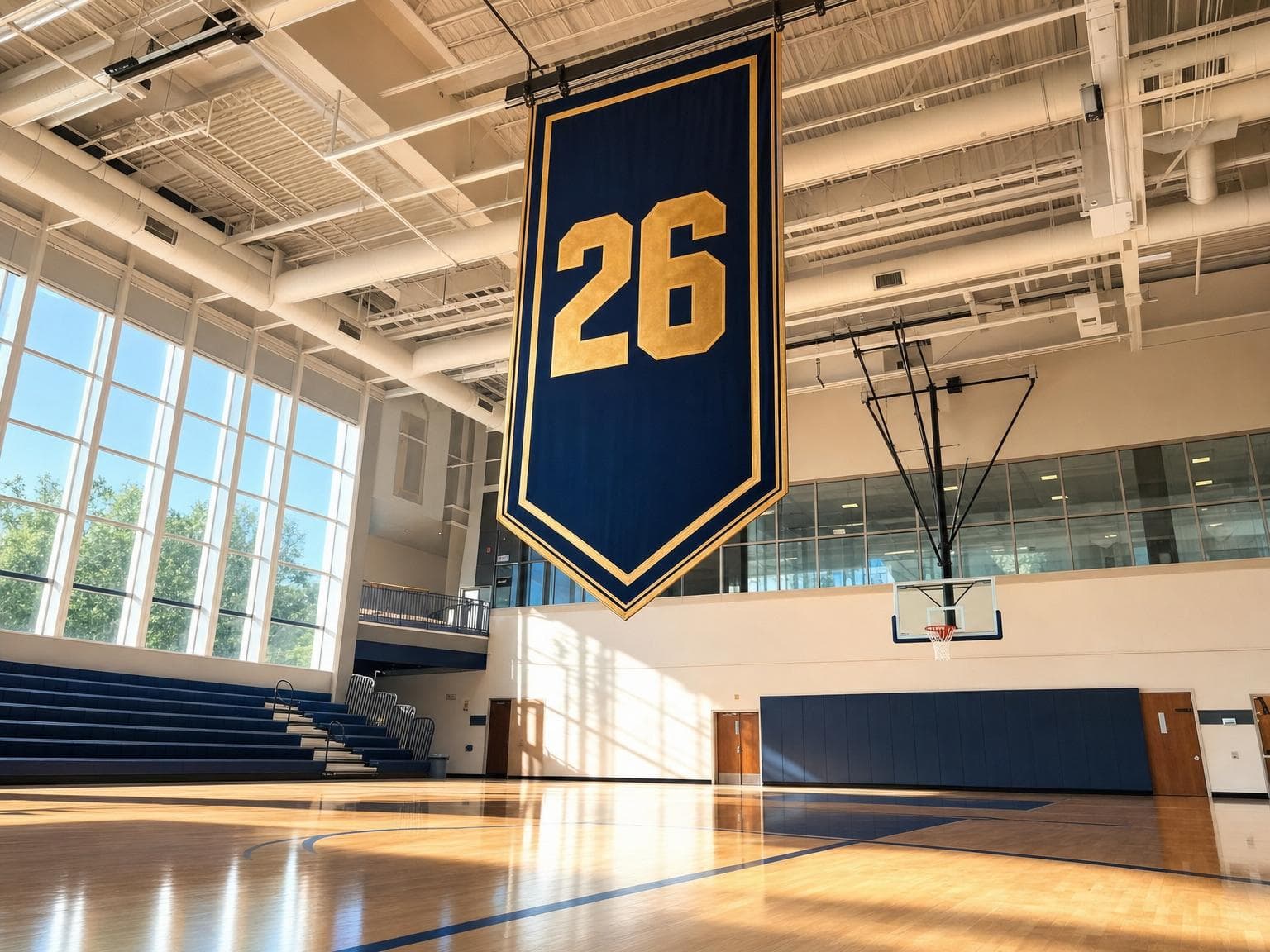 Large navy championship banner hanging in a bright gymnasium