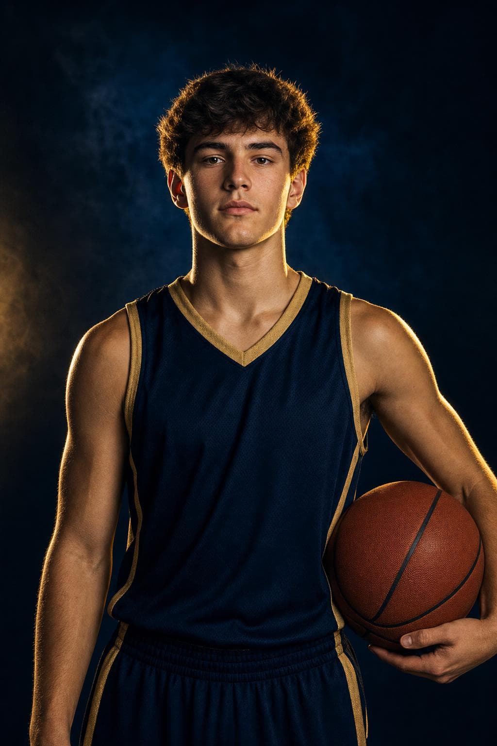 Palm Central senior banner — basketball player portrait in navy and gold