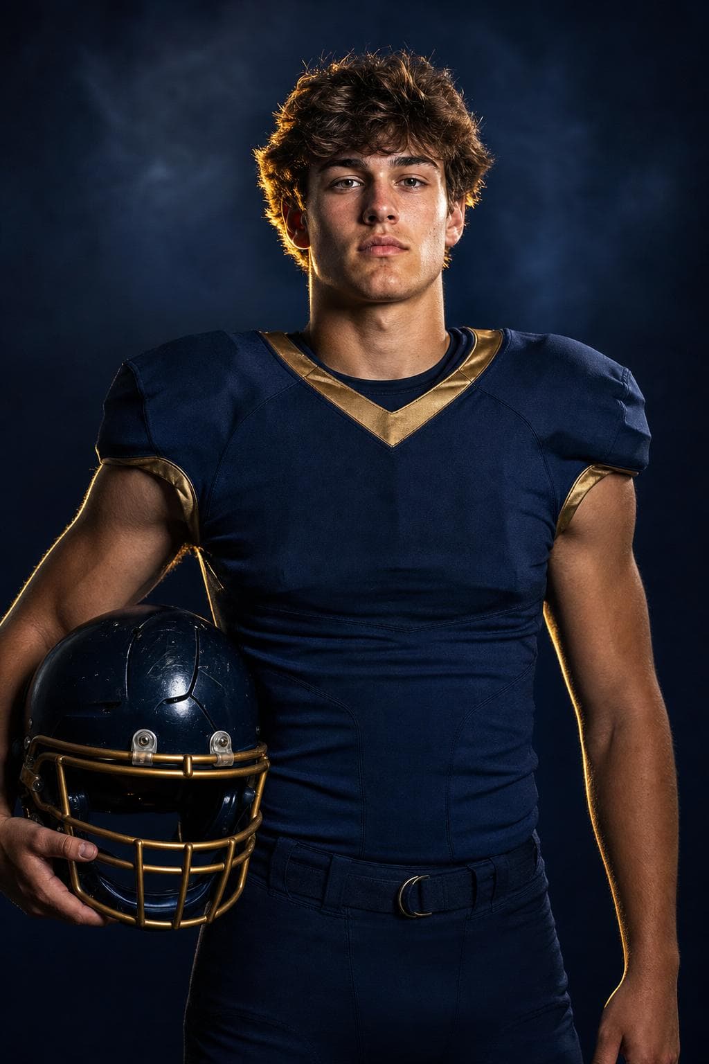 Palm Central senior banner — football player portrait in navy and gold