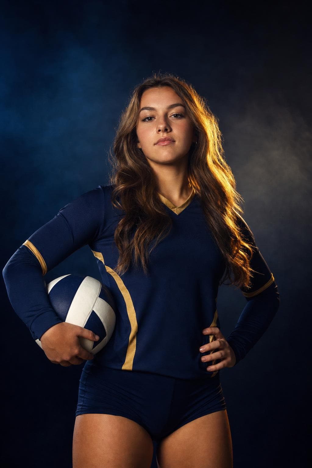 Palm Central senior banner — volleyball player portrait in navy and gold