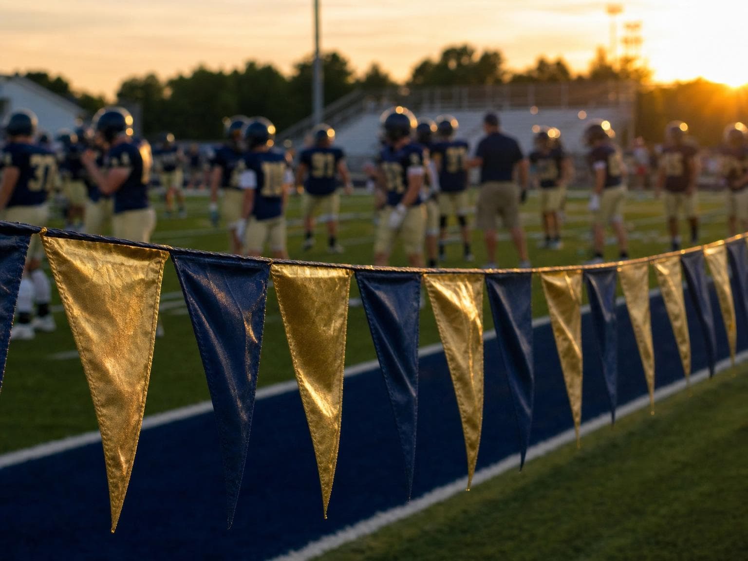 Navy and gold pennant flags strung along a field sideline